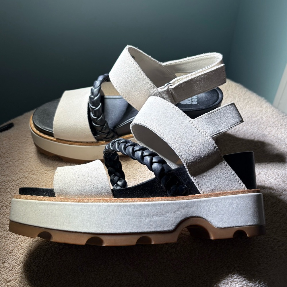 Women's Sorel Beige Platform Sandals with Black Braided Strap
